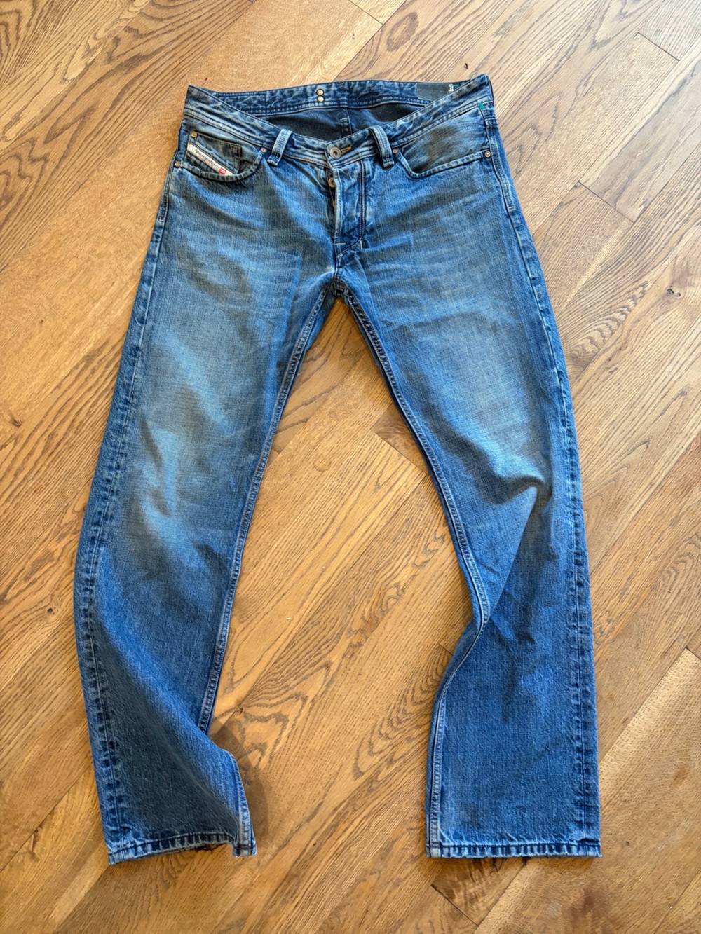 Diesel Larkee Mens 34x34 Regular Straight Blue Jeans Distressed Button Fly